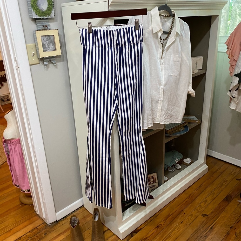 Step Forward flare pants. Blue and white stripes